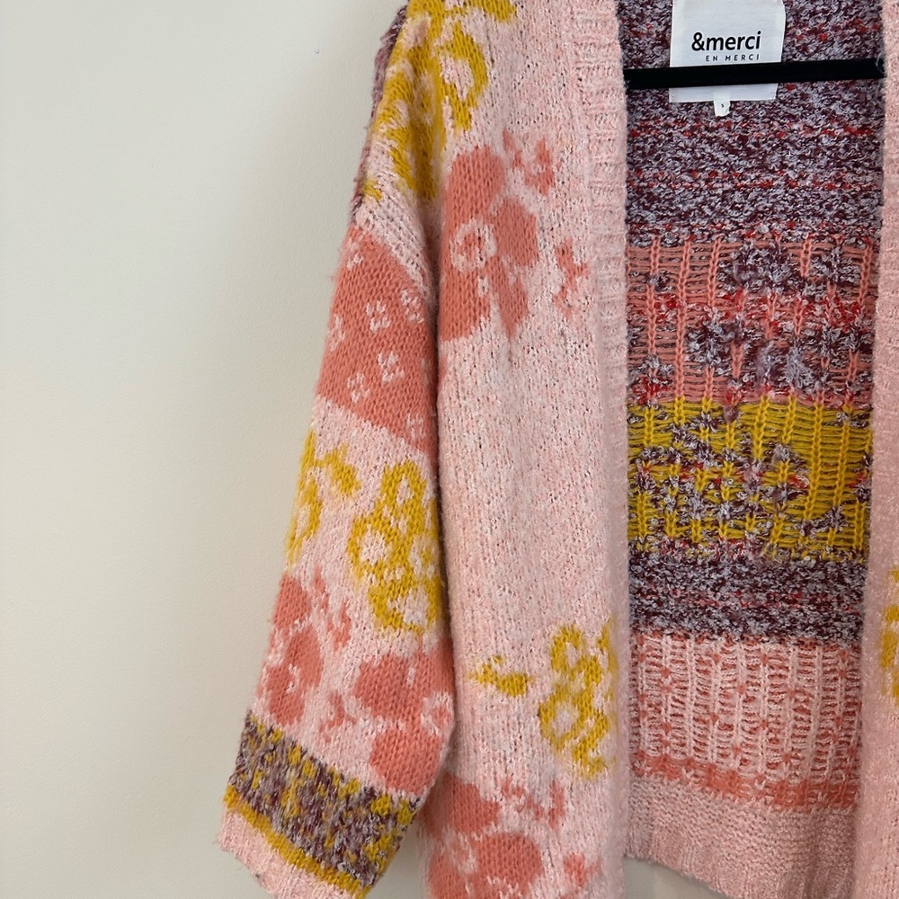 &Merci Colorful Pink Floral Open Cardigan Sweater Oversized Size Small - Picture 2 of 6